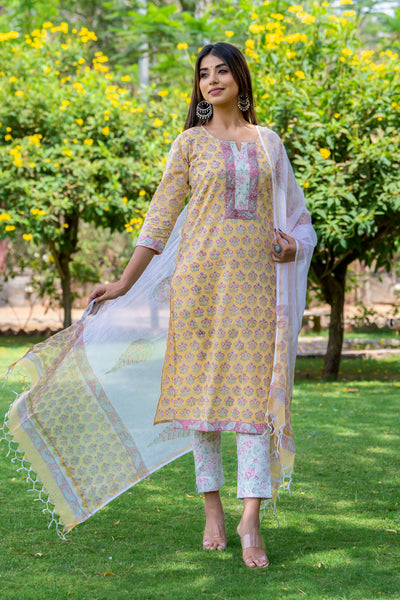 Pastel Yellow Pink Buti Kurta Set