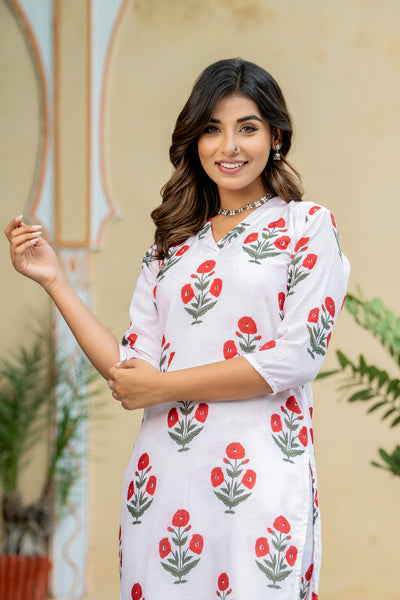 Off-White Red Poppy Kurta set