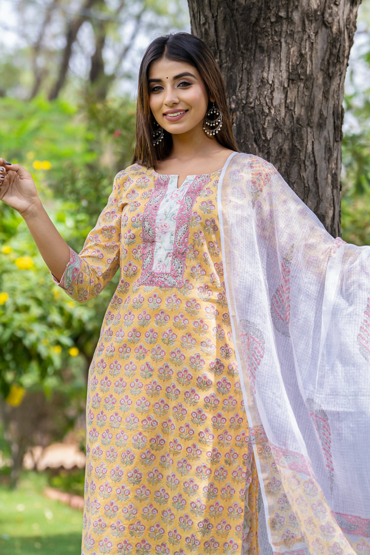 Pastel Yellow Pink Buti Kurta Set