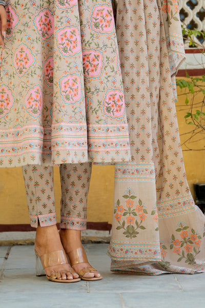 Beige Orange Floral Dress Set