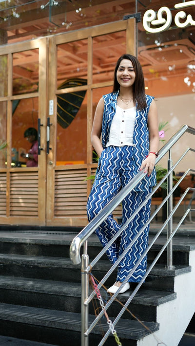 Indigo Chevron Dabu Print Blazer-Pant Set