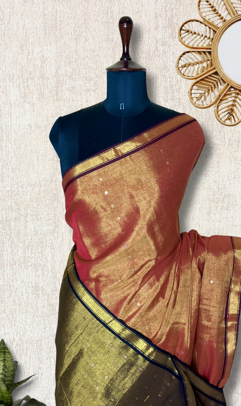 Handwoven Tissue Saree - Fire Bush + Pesto Green