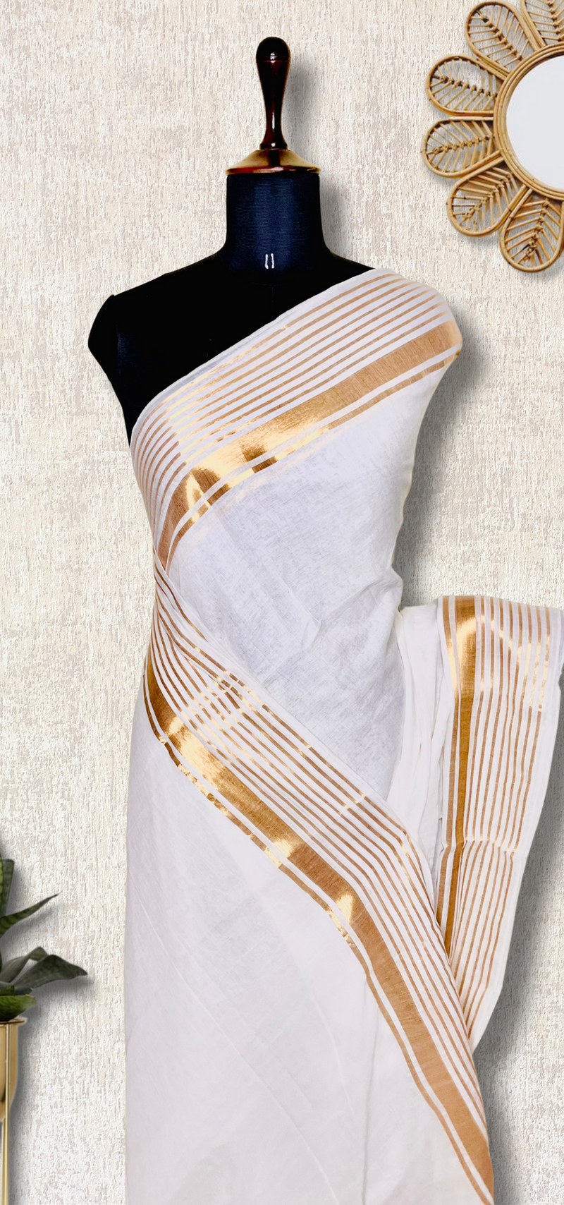 Handwoven Cotton Saree - White + Shimmer Gold