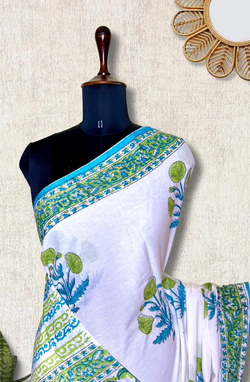 Handblock Printed Cotton Saree -  French White + Blue Green