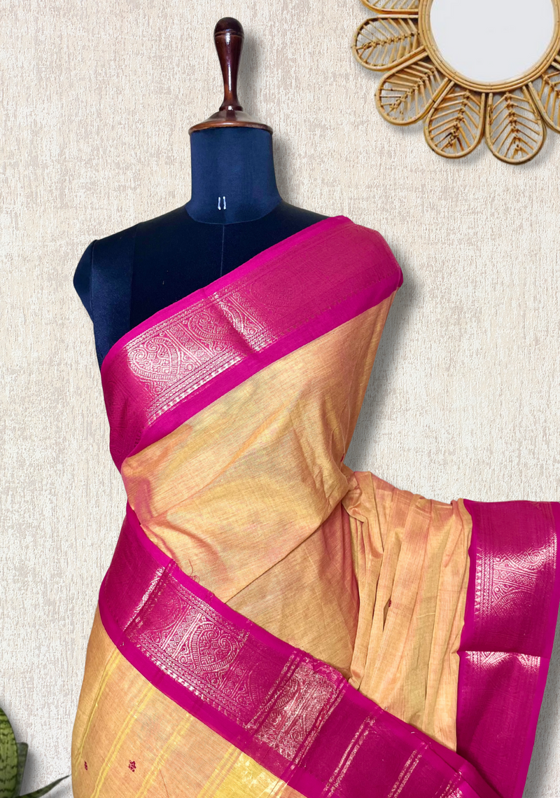 Chettinad Cotton Saree - Pumpkin Orange Yellow + Cerise Pink