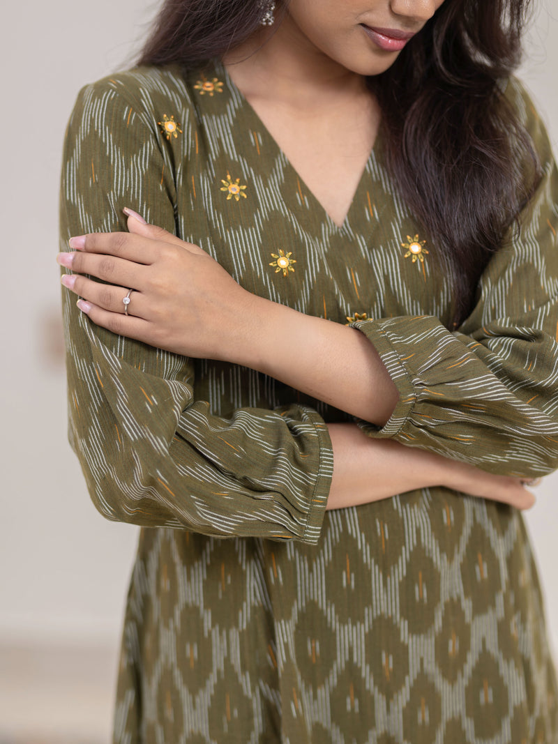 Avocado Hand Embroidered Handwoven Ikat Kalicut Co-ord
