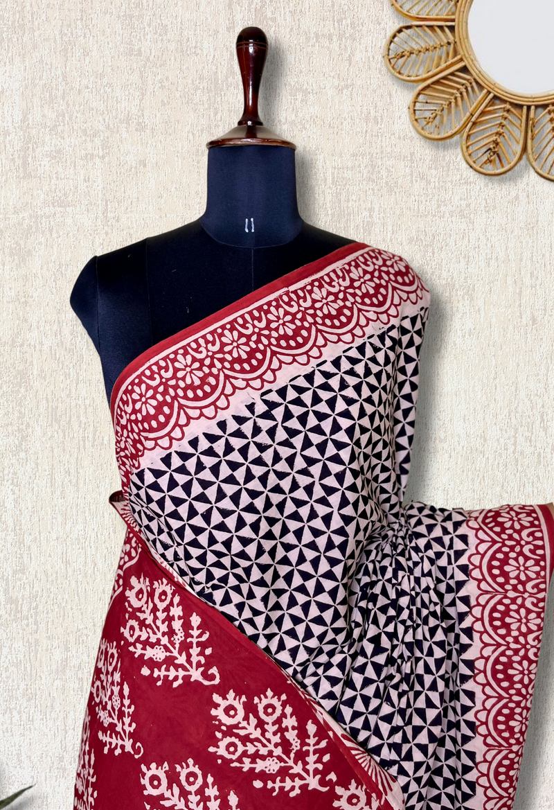 Handblock Printed Cotton Saree - Thunder Black + Mexican Red