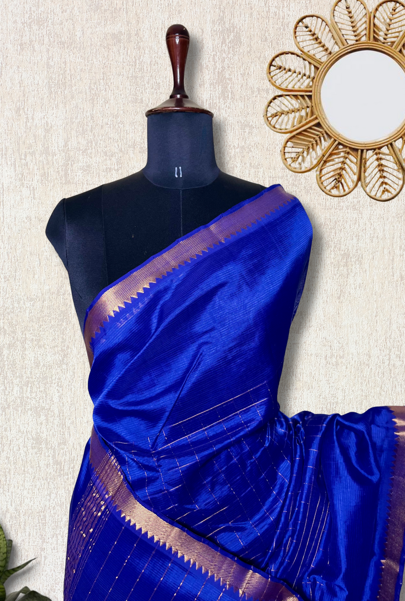 Handwoven Mangalgiri Silk Cotton Saree -  Ocean Blue + Gold