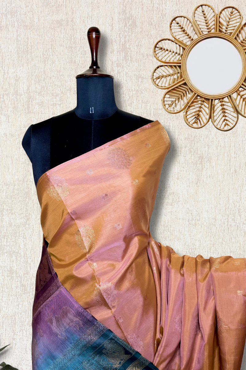 Handwoven Art Silk Saree - Vivid Apricot +  Eastern Blue