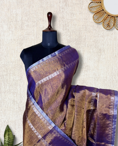 Handwoven Metallic Linen Tissue Saree -Copper Blue + Gold