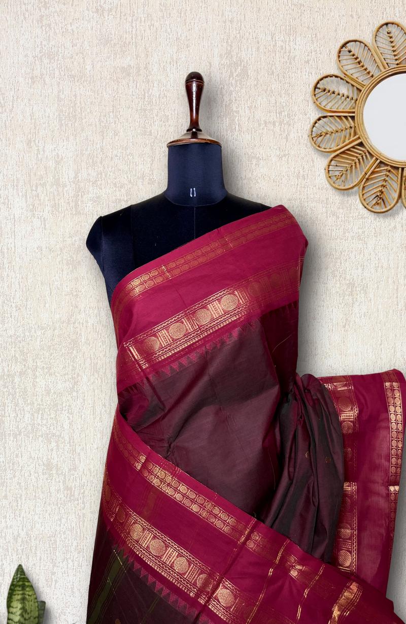 EXP - Chettinad Cotton Saree - Derby Brown + Black Rose