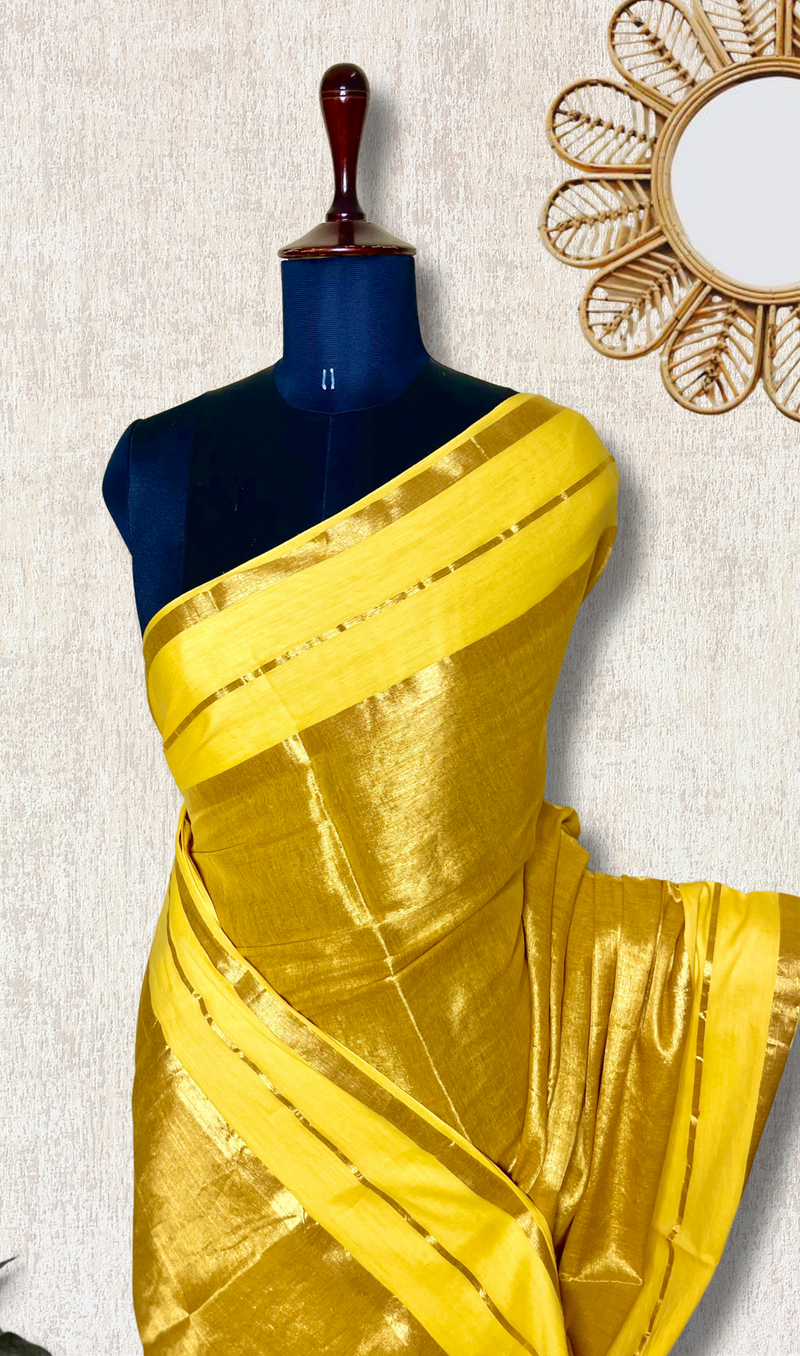 Handwoven Cotton Saree - Sunflower Yellow+ Shimmer Gold