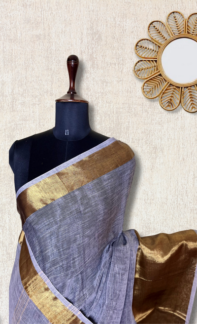 Handwoven Linen Saree - French Gray+ Gold