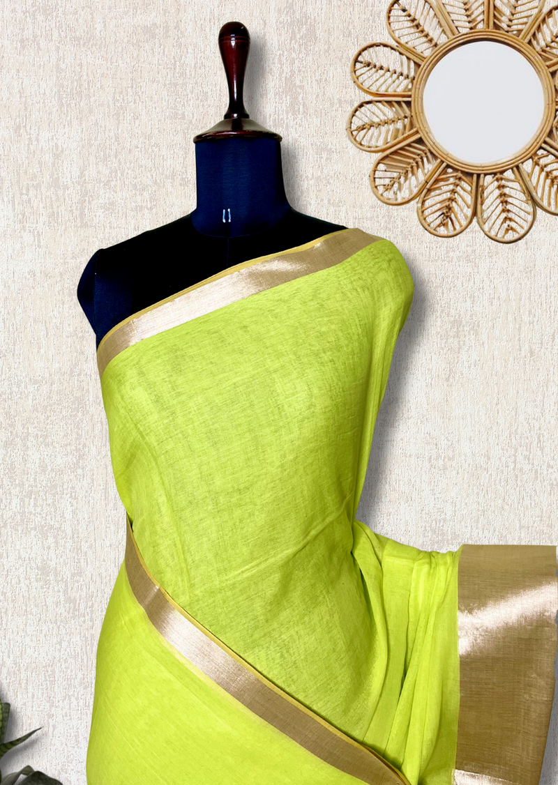 Handwoven Cotton Saree - Electric Lime + Shimmer Gold