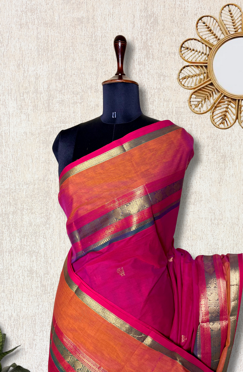Kanchi Cotton Saree - Blush Pink + Flamingo Orange