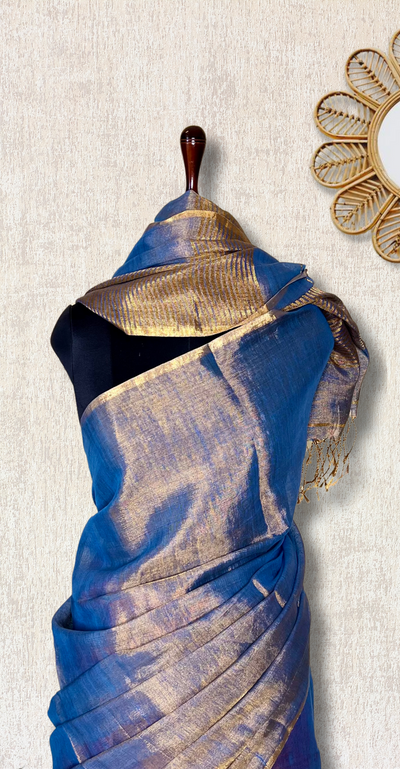 Handwoven Metallic Linen Tissue Saree - Steel Blue + Burgundy