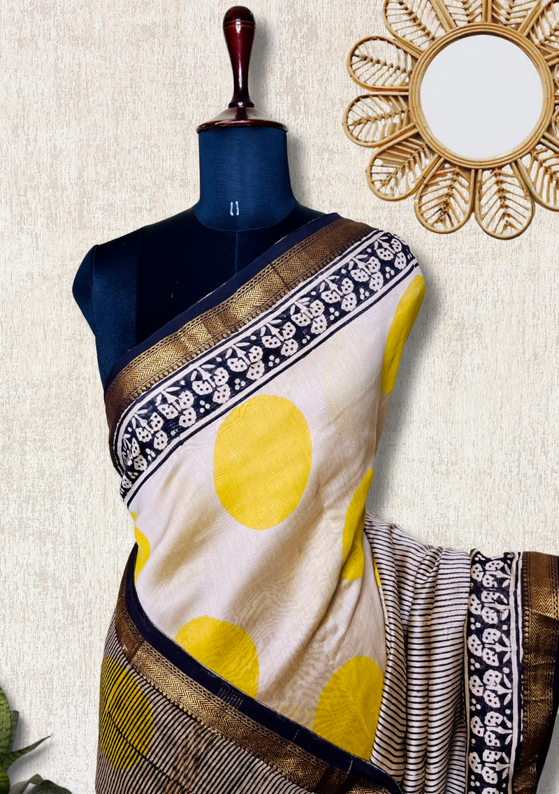 Handblock Printed Silk Cotton Saree -  Vista Cream + Corn Yellow