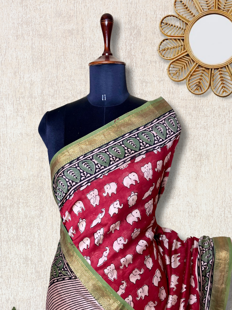 Handblock Printed Silk Cotton Saree - Crimson Red + Cream