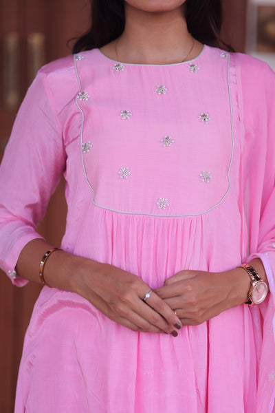 Pink Lychee Embroidered A-Line Co-ord Set With Dupatta