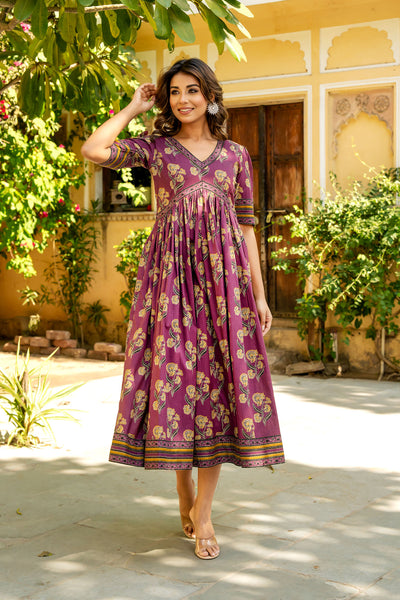 Purple Ajrakh Mughal Buta Nyra Dress