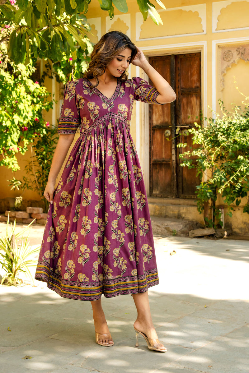 Purple Ajrakh Mughal Buta Nyra Dress