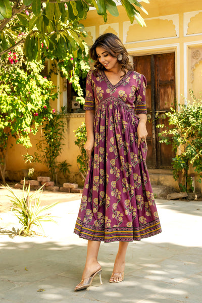 Purple Ajrakh Mughal Buta Nyra Dress