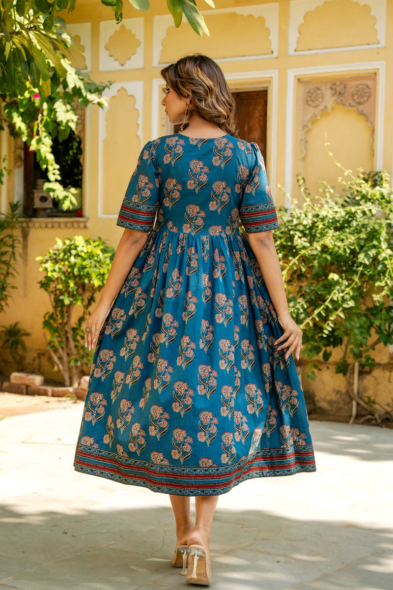 Blue Ajrakh Mughal Buta Nyra Dress