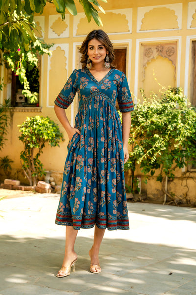 Blue Ajrakh Mughal Buta Nyra Dress