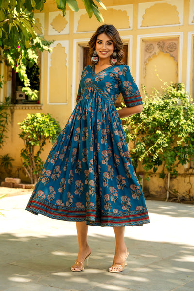 Blue Ajrakh Mughal Buta Nyra Dress