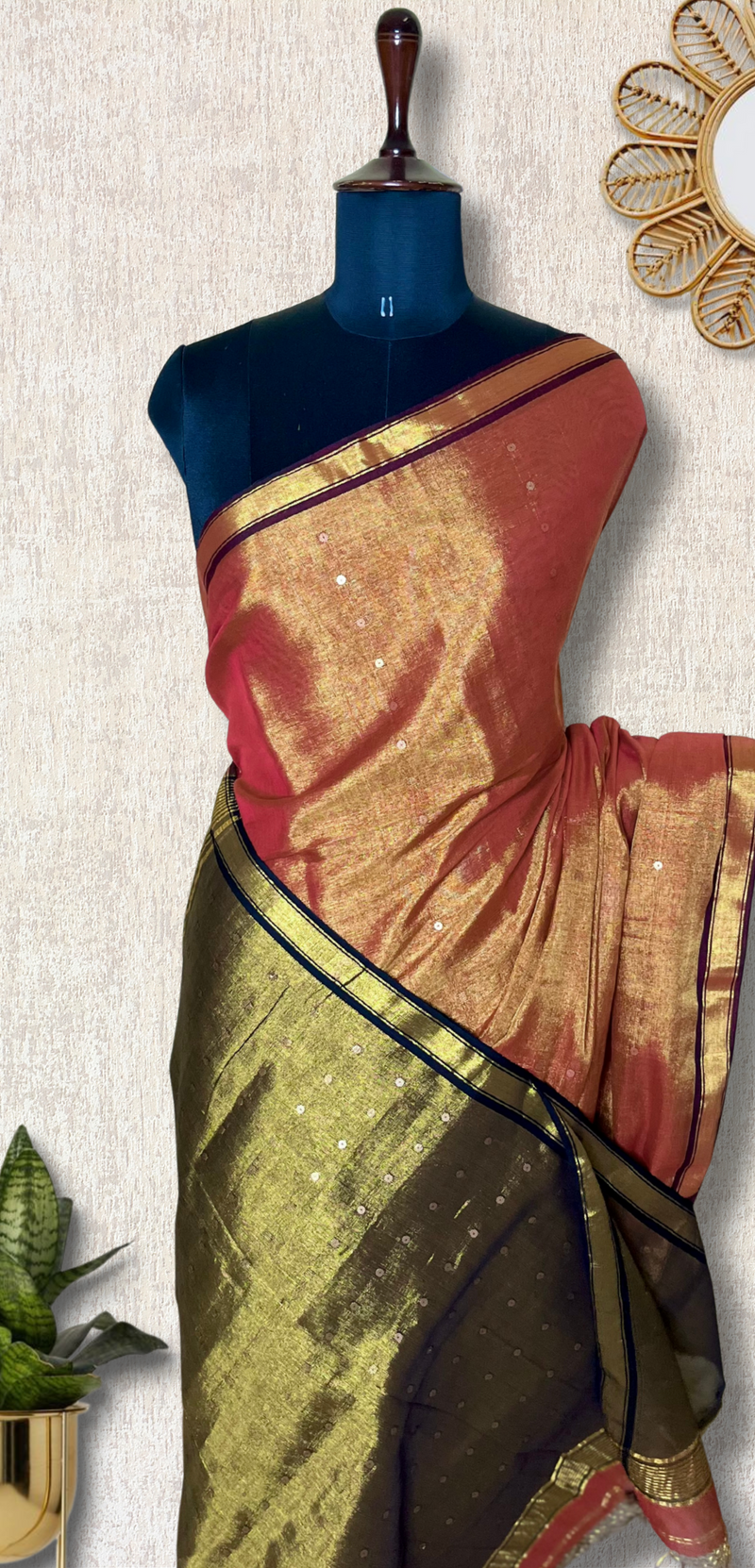 Handwoven Tissue Saree - Fire Bush + Pesto Green