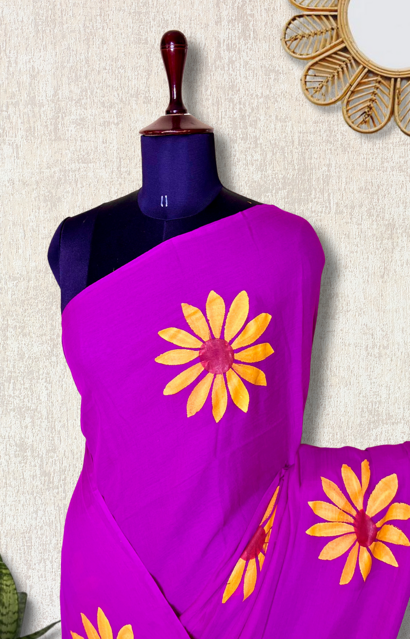 Hand Painted Cotton Saree - Electric Violet + Corn Yelow