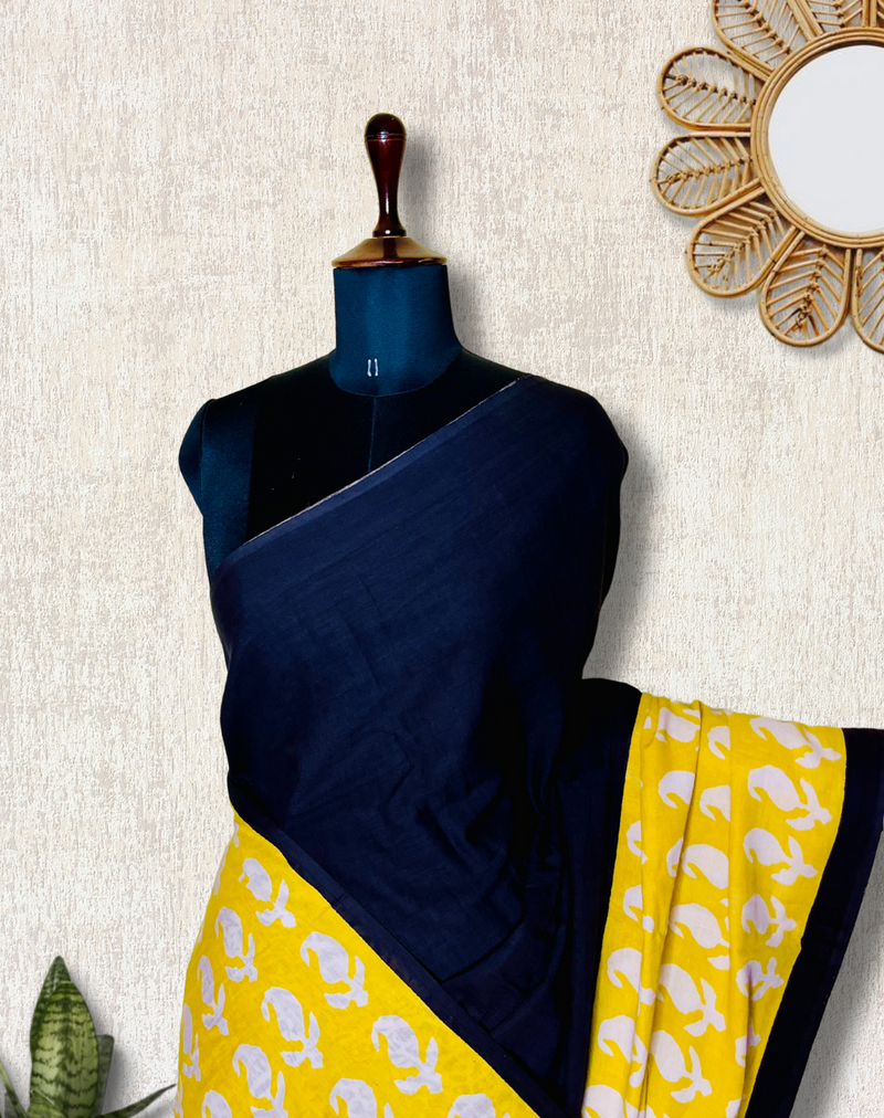 Handblock Printed Cotton Saree -  Pearl Black + Sunflower Yellow