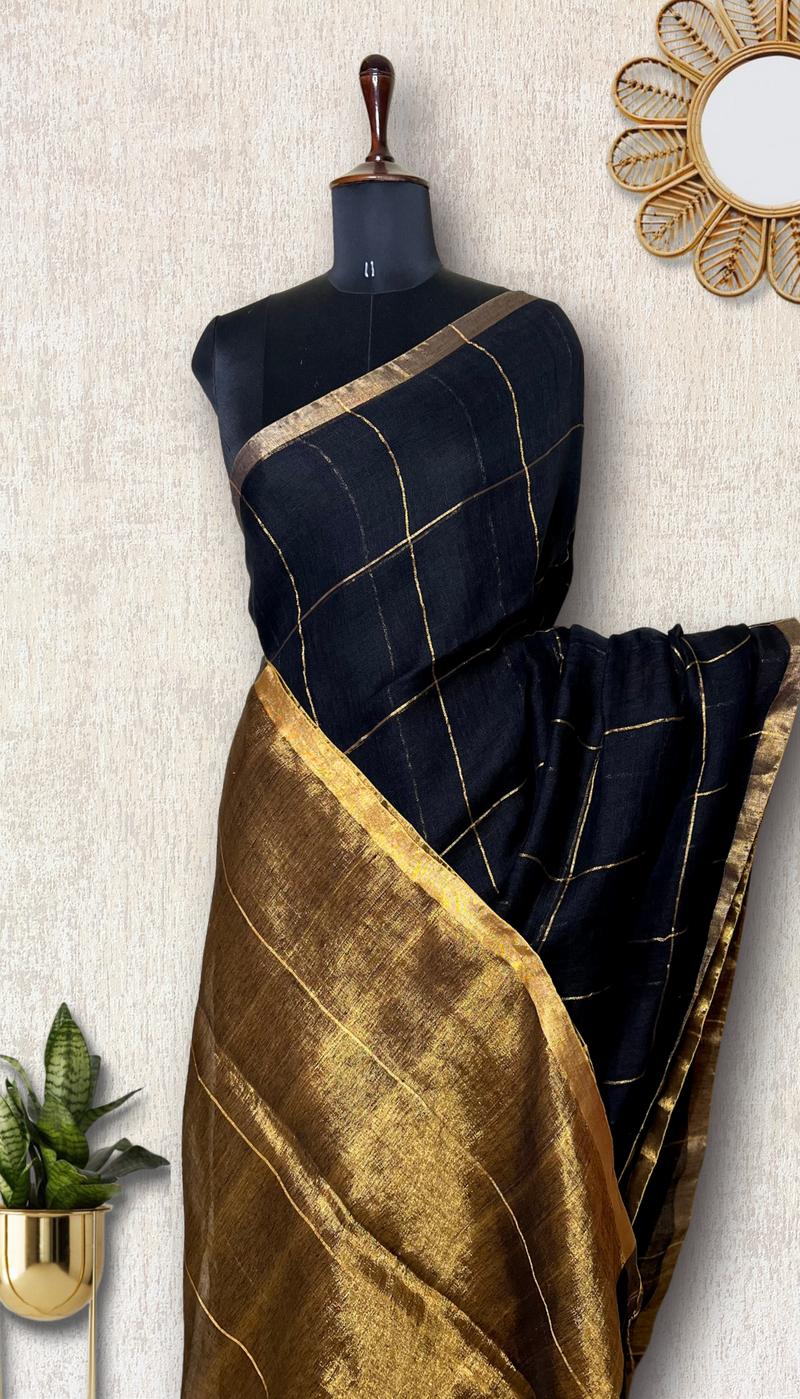 Handwoven Linen Saree - Black + Golden Zari