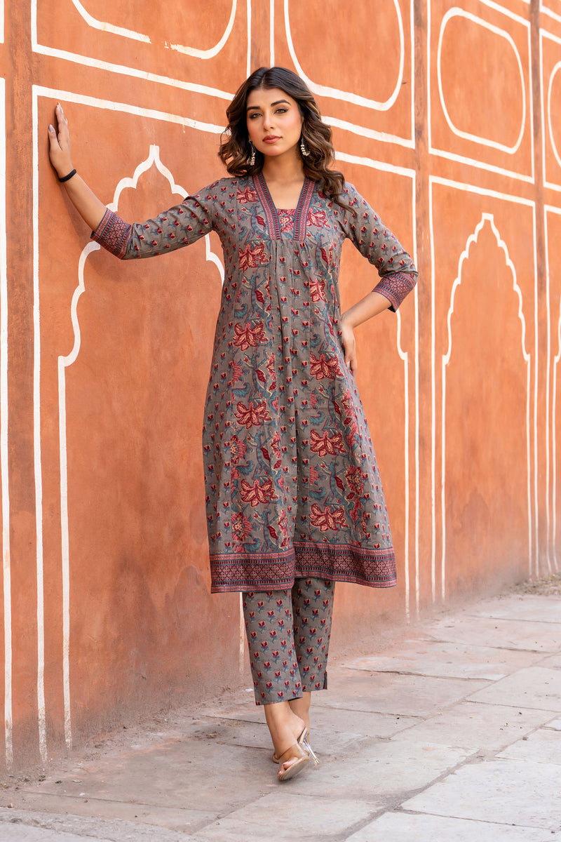 Grey Red Buti dress set