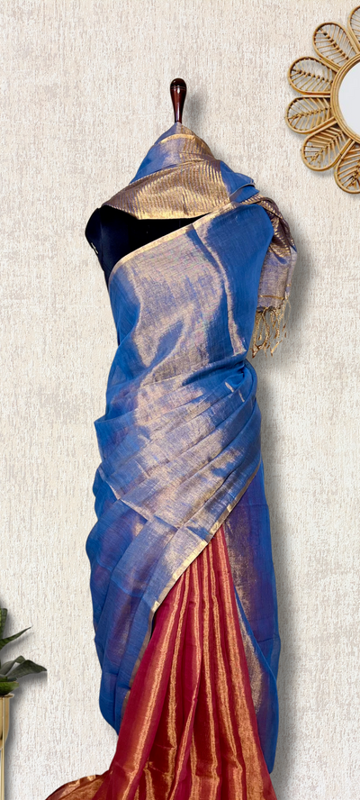 Handwoven Metallic Linen Tissue Saree - Steel Blue + Burgundy