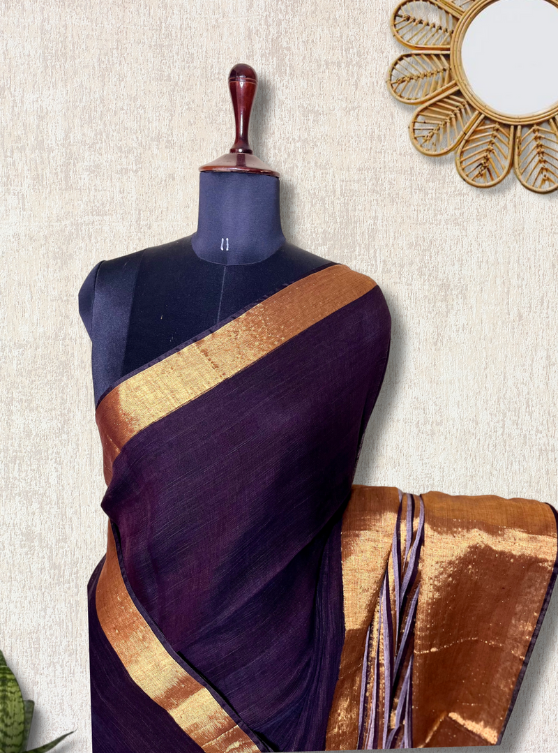 Handwoven Linen Saree - Coco Brown + Gold