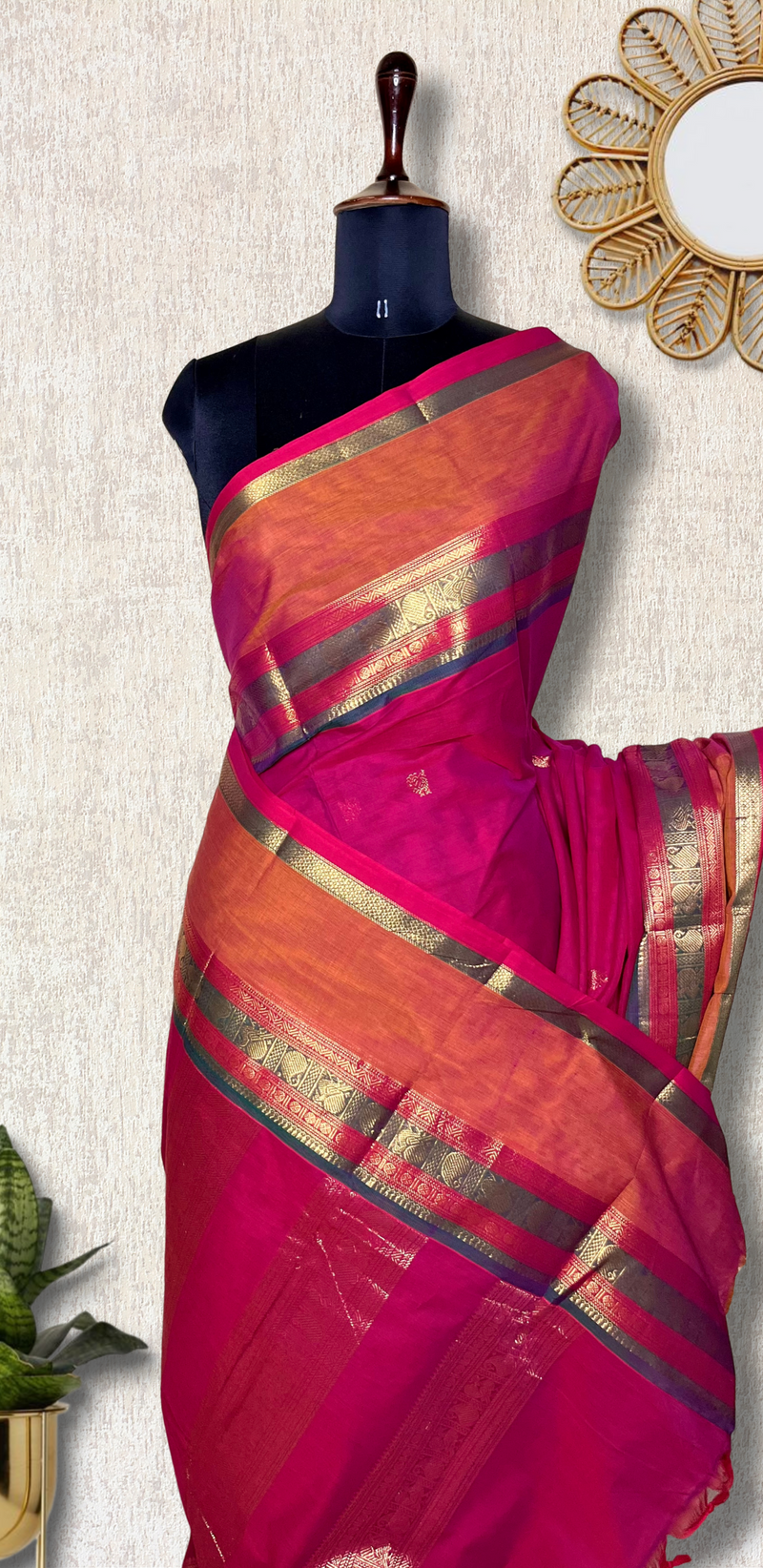 Kanchi Cotton Saree - Blush Pink + Flamingo Orange