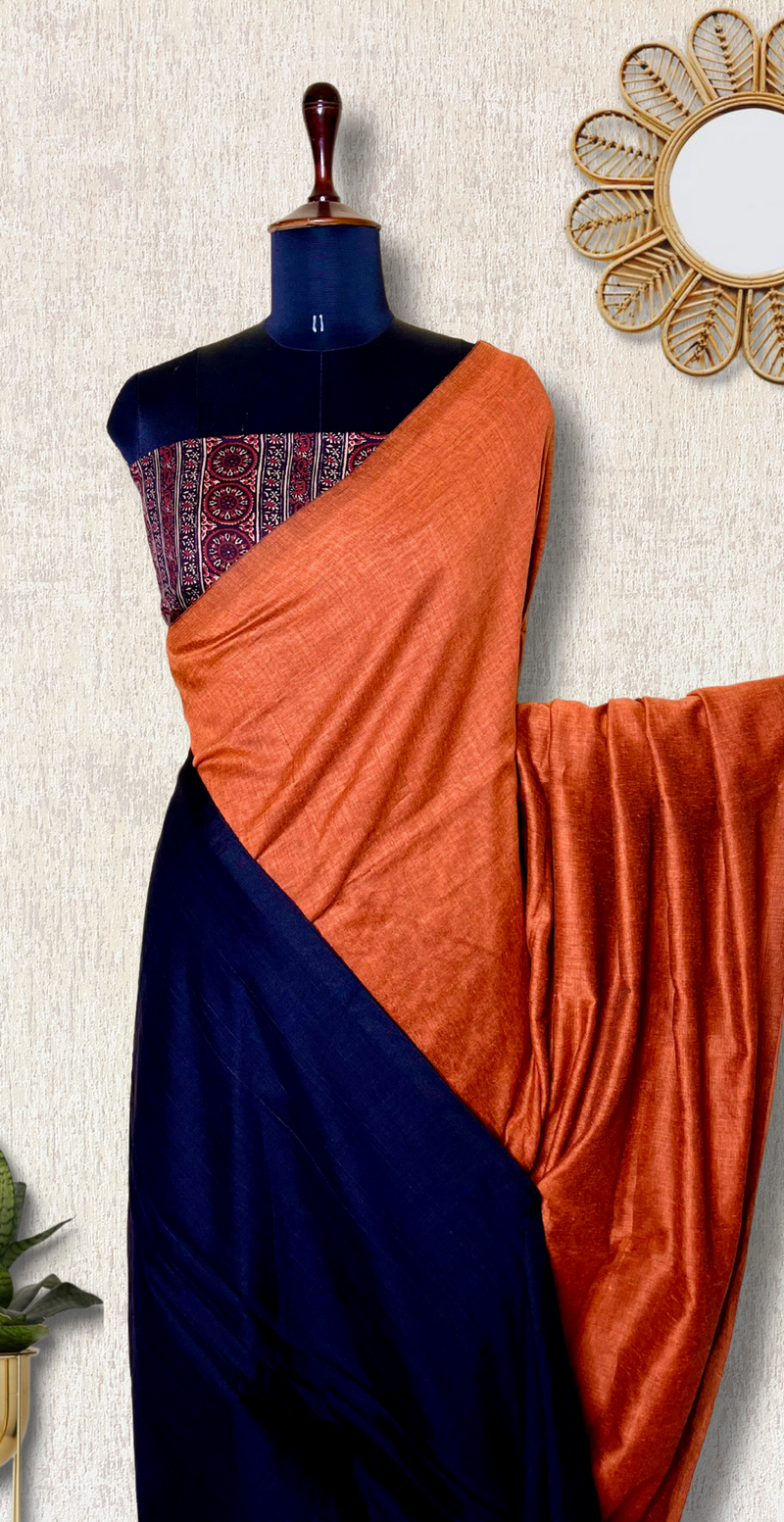 Khadi Cotton Saree - Thunderbird Orange+ Russian Black