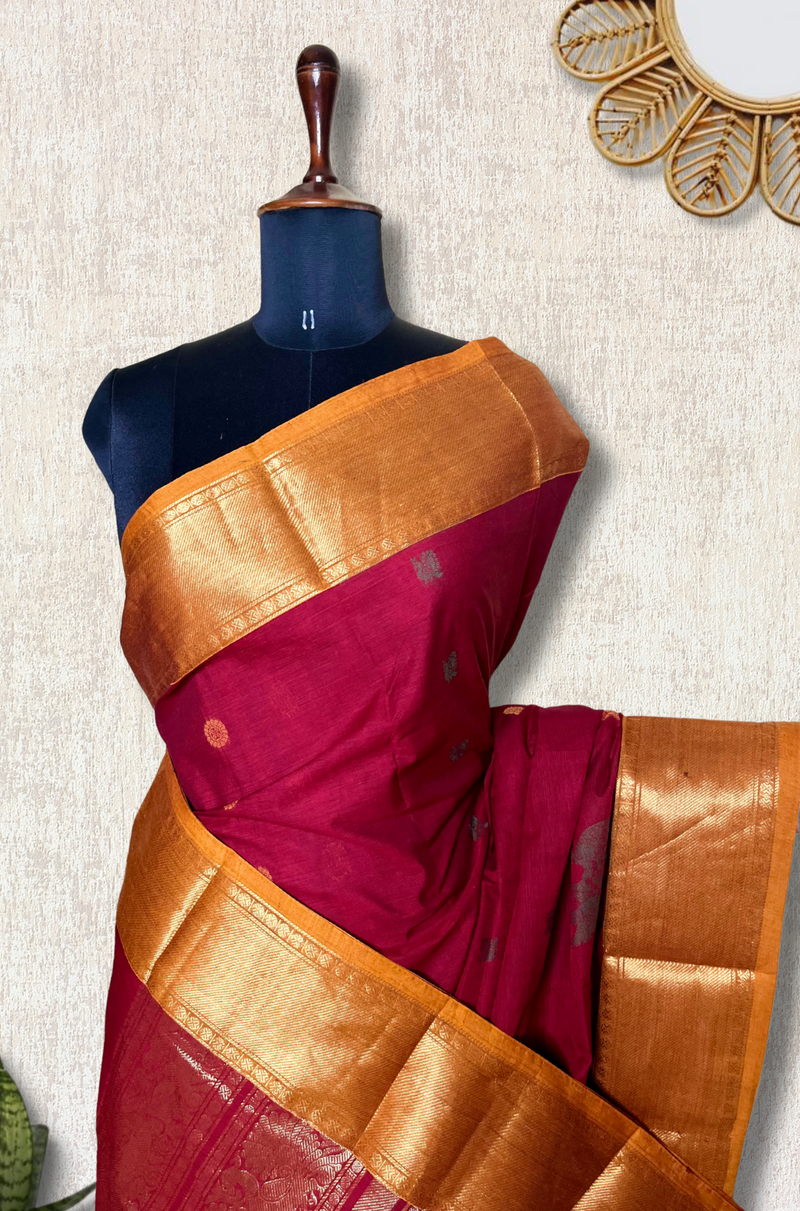Kanchi Cotton Saree -  Mulberry Red + Fiery Orange