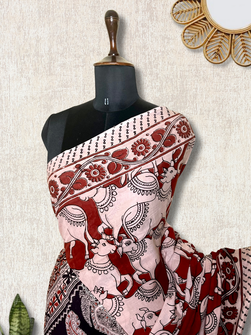 Handcrafted Kalamkari Cotton Saree - Persian Maroon + Soft Cream