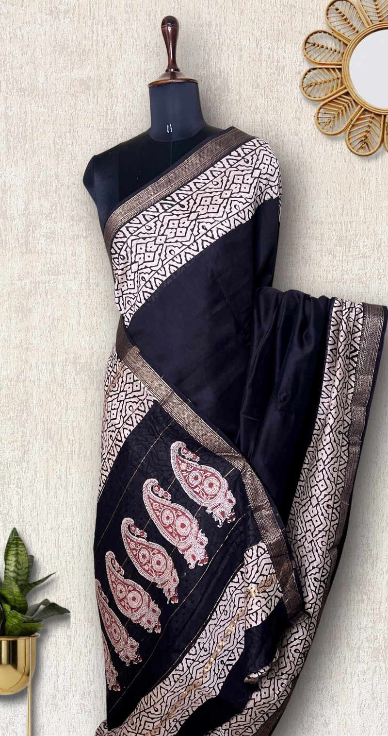 Handblock Printed Silk Cotton Saree - Thunder Black + Pearl White