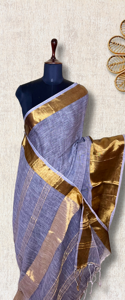 Handwoven Linen Saree - French Gray+ Gold