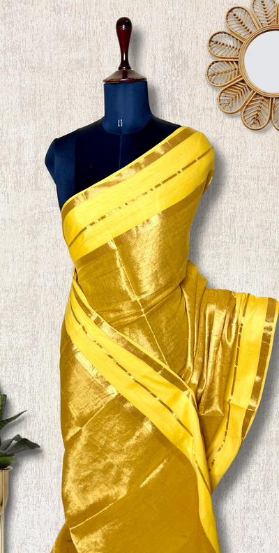 Handwoven Cotton Saree - Sunflower Yellow+ Shimmer Gold