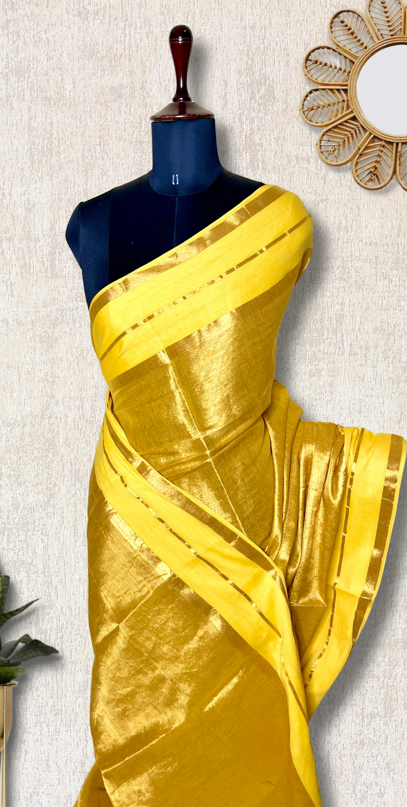 Handwoven Cotton Saree - Sunflower Yellow+ Shimmer Gold