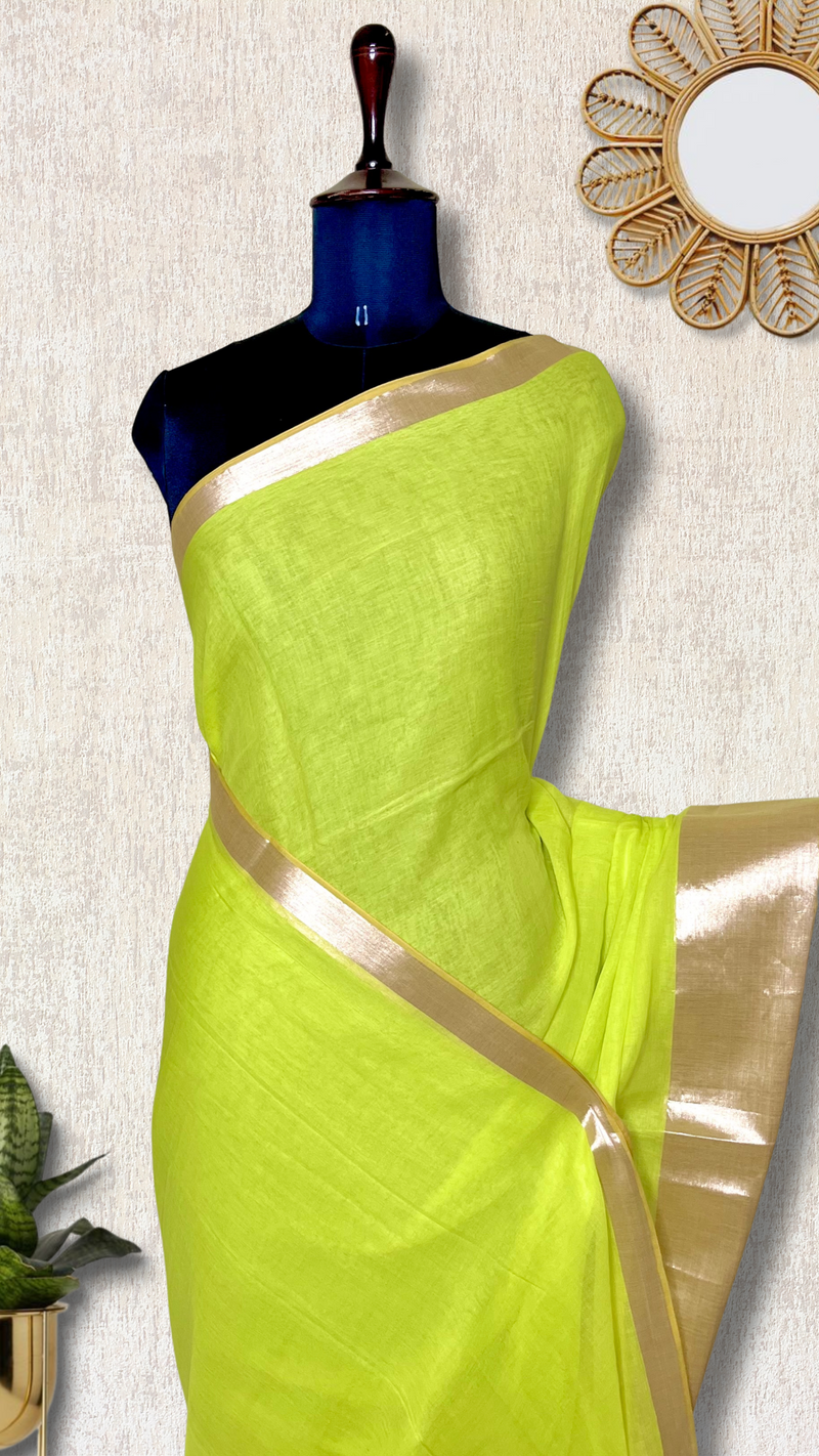 Handwoven Cotton Saree - Electric Lime + Shimmer Gold