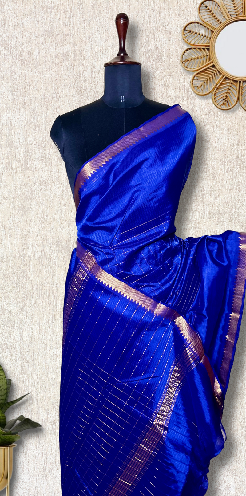 Handwoven Mangalgiri Silk Cotton Saree -  Ocean Blue + Gold
