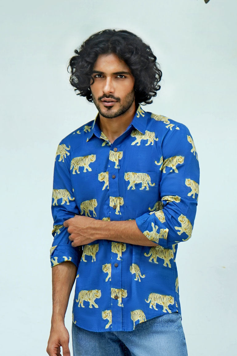 Blue Tiger Print Full Slevee Shirt