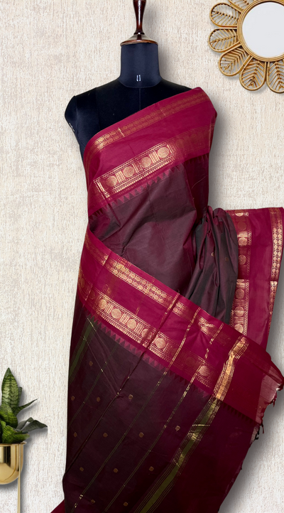 EXP - Chettinad Cotton Saree - Derby Brown + Black Rose