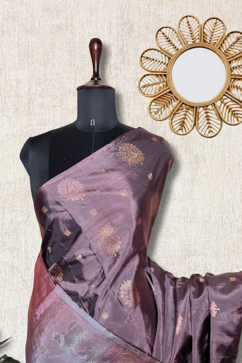 Handwoven Art Silk Saree - Congo Brown +  Rose Bud Cherry