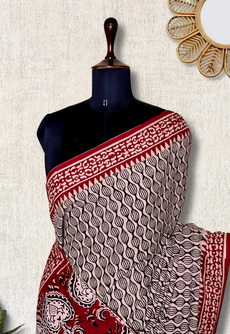 Handblock Printed Cotton Saree - Spicy Pink + Persian Red